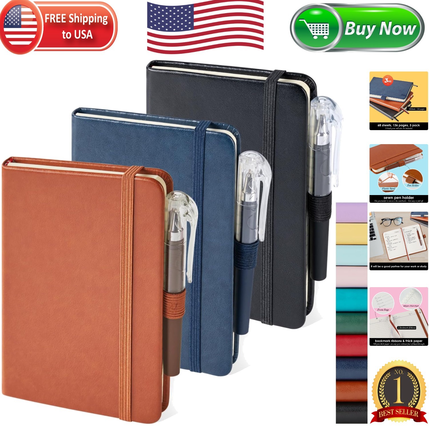 Compact 3-Pack Mini Notepads with 408 Ruled Pages & Pen Holder – Travel Ready