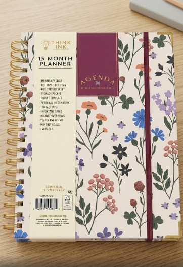 ThinkInk Twin Wire 15 Month Wildflower Planner – 7.5” x 10″, 240 Pages