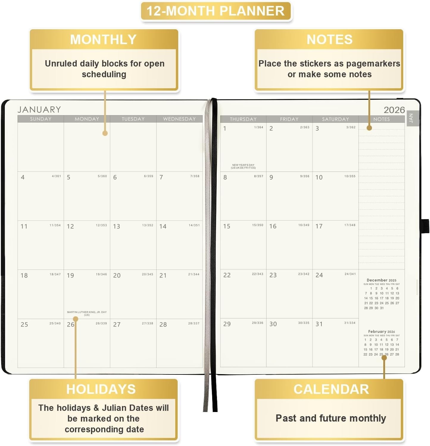 2026 Planner – Large Leather Cover, Weekly Monthly, Jan-Dec