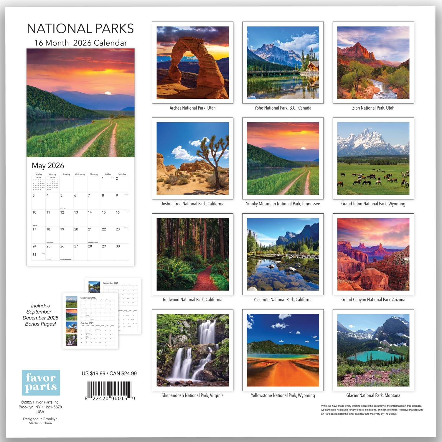 Favor Parts National Parks Calendar 2026 – Hangable Wall 2026