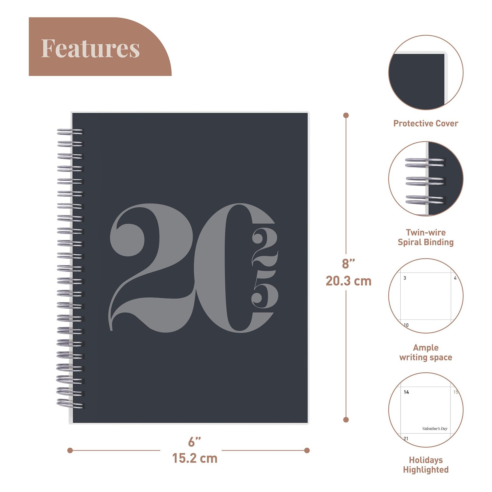 Rileys 2025 Weekly Planner – Typographic Annual & Monthly 6 x 8-Inches, Black