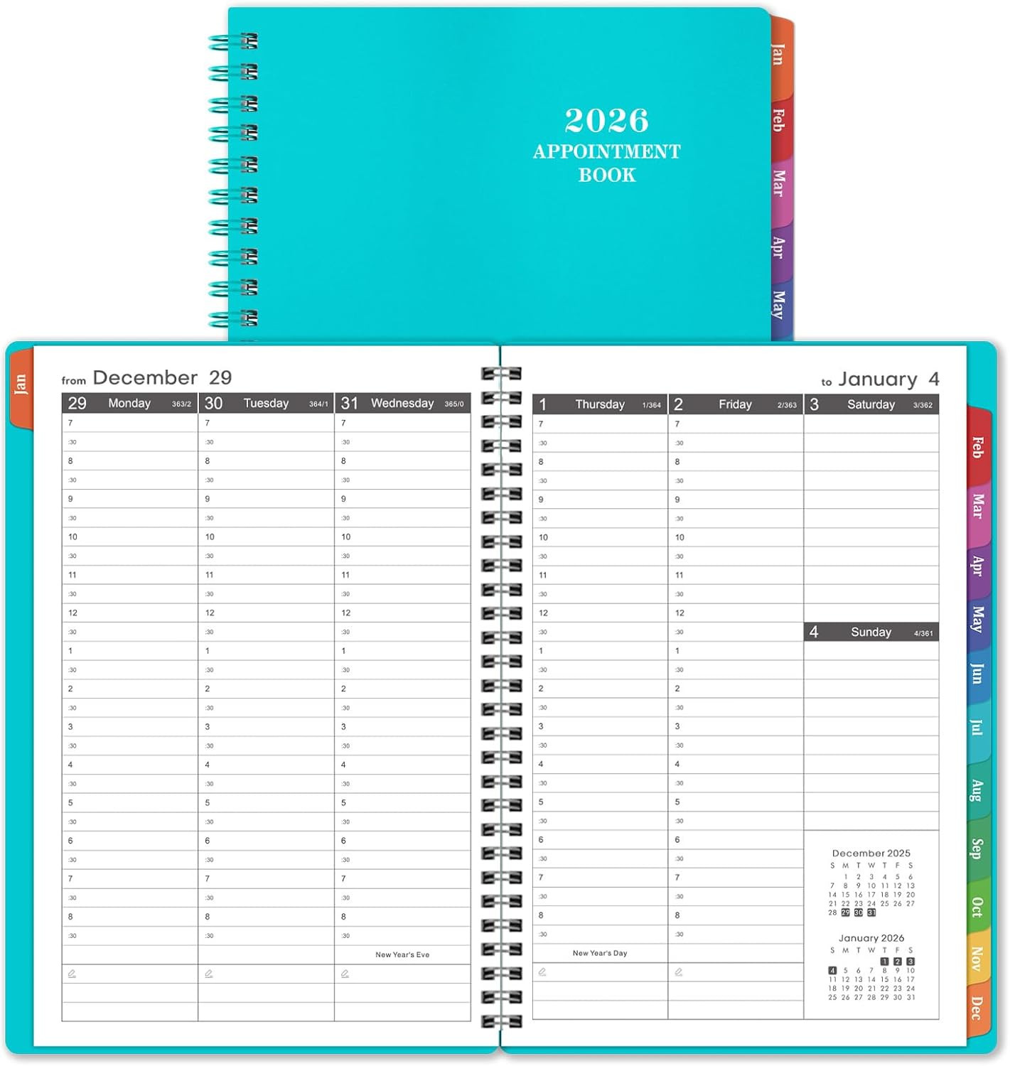 2026 Weekly Appointment Planner Book Jan-Dec 6.4″x8.5″ Tabs 30-Min IntervalsTeal