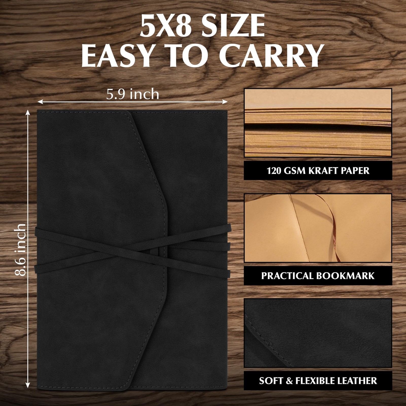 Vintage Journal for Women Men Leather Bound Junk Notebook 160 Black