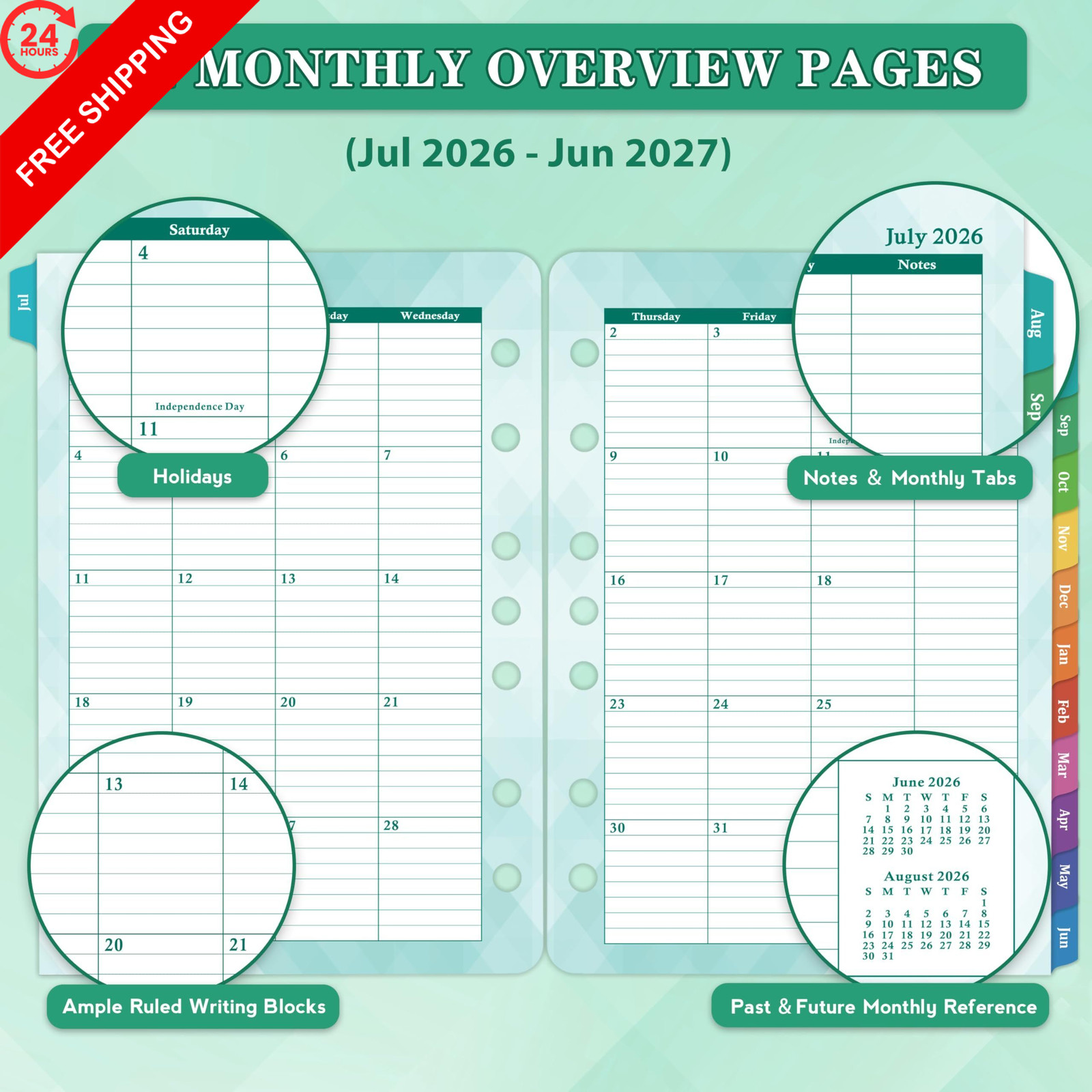 2026-2027 Planner Refills – Jul.2026 – Jun.2027, Two Pages Per Day A5, Green