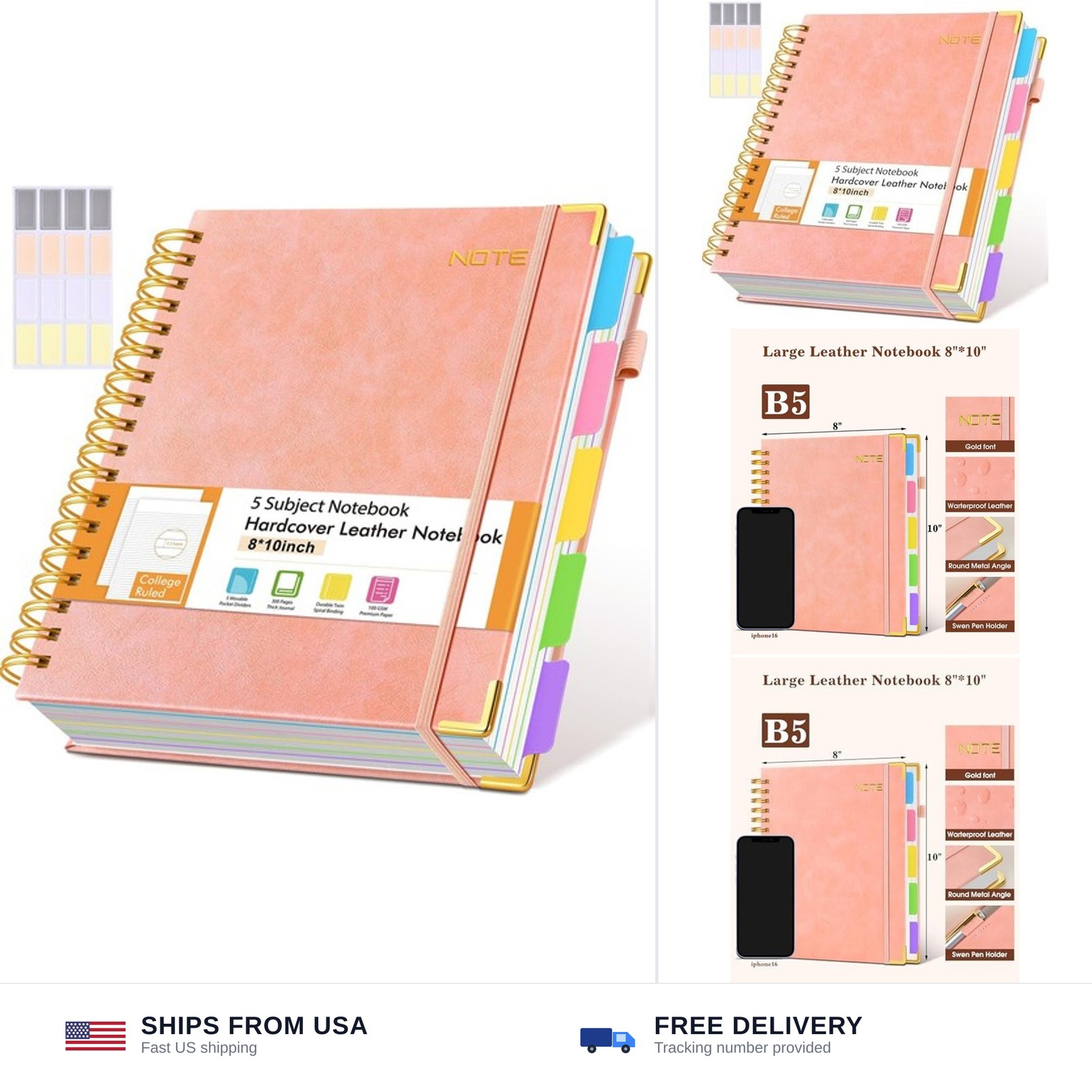 Hardcover Large Spiral Notebook journal with Removable Dividers Tabs, 300 pag…