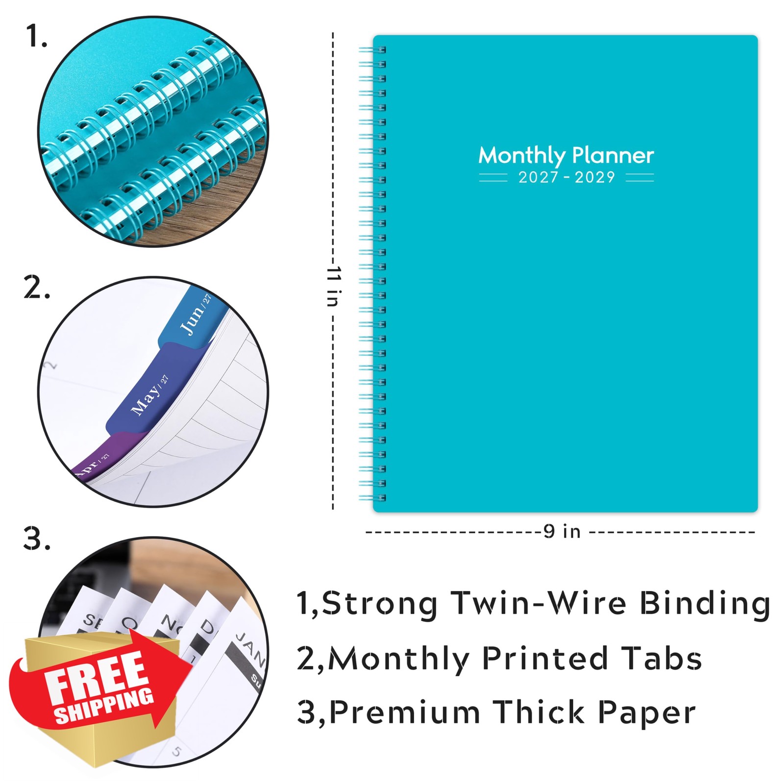 Artfan 2027-2029 Monthly Planner 9″x11″ Teal
