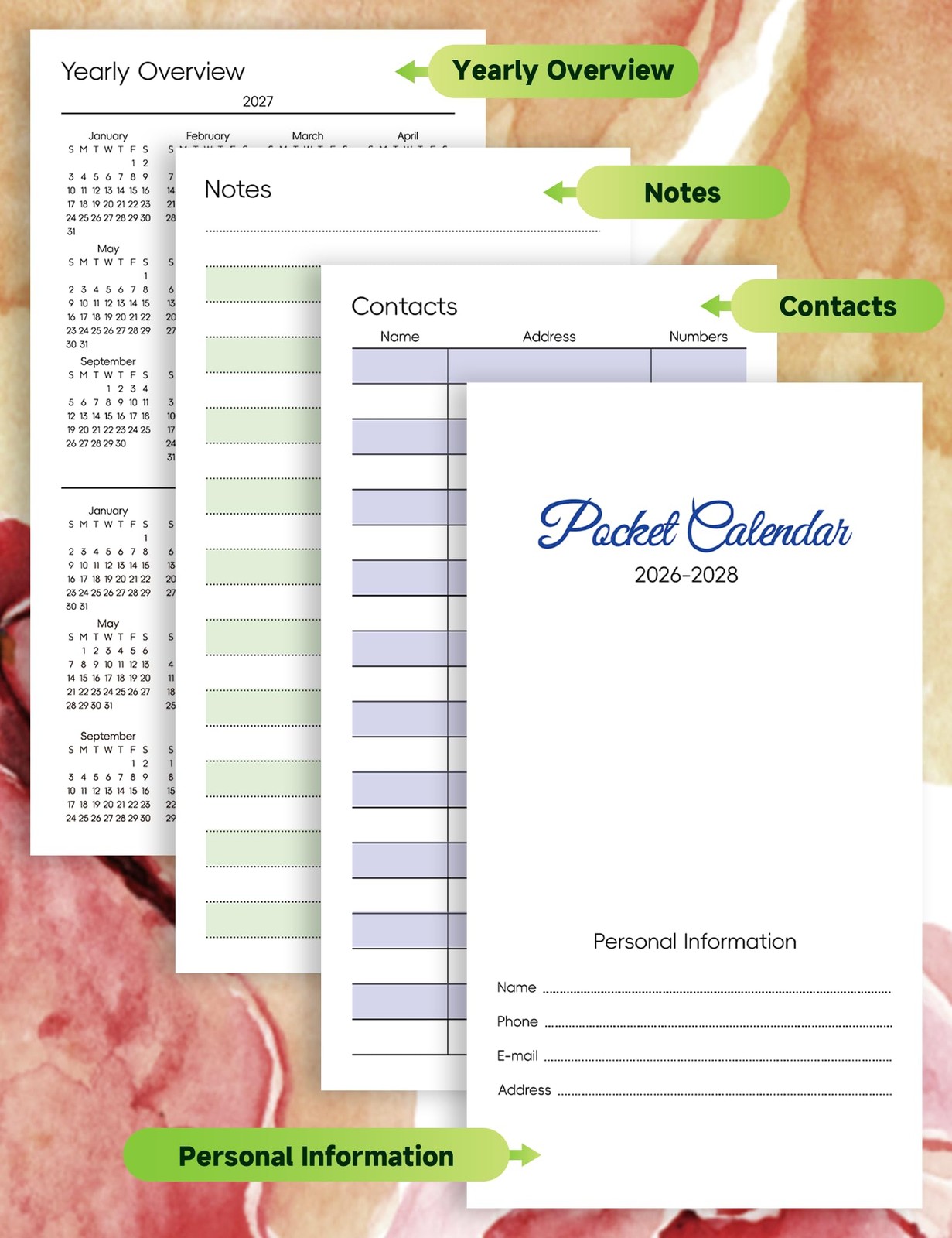 ADUN Stationery Pocket Calendar 2026-2028 3.5″ x 6.7″, multicolor floral