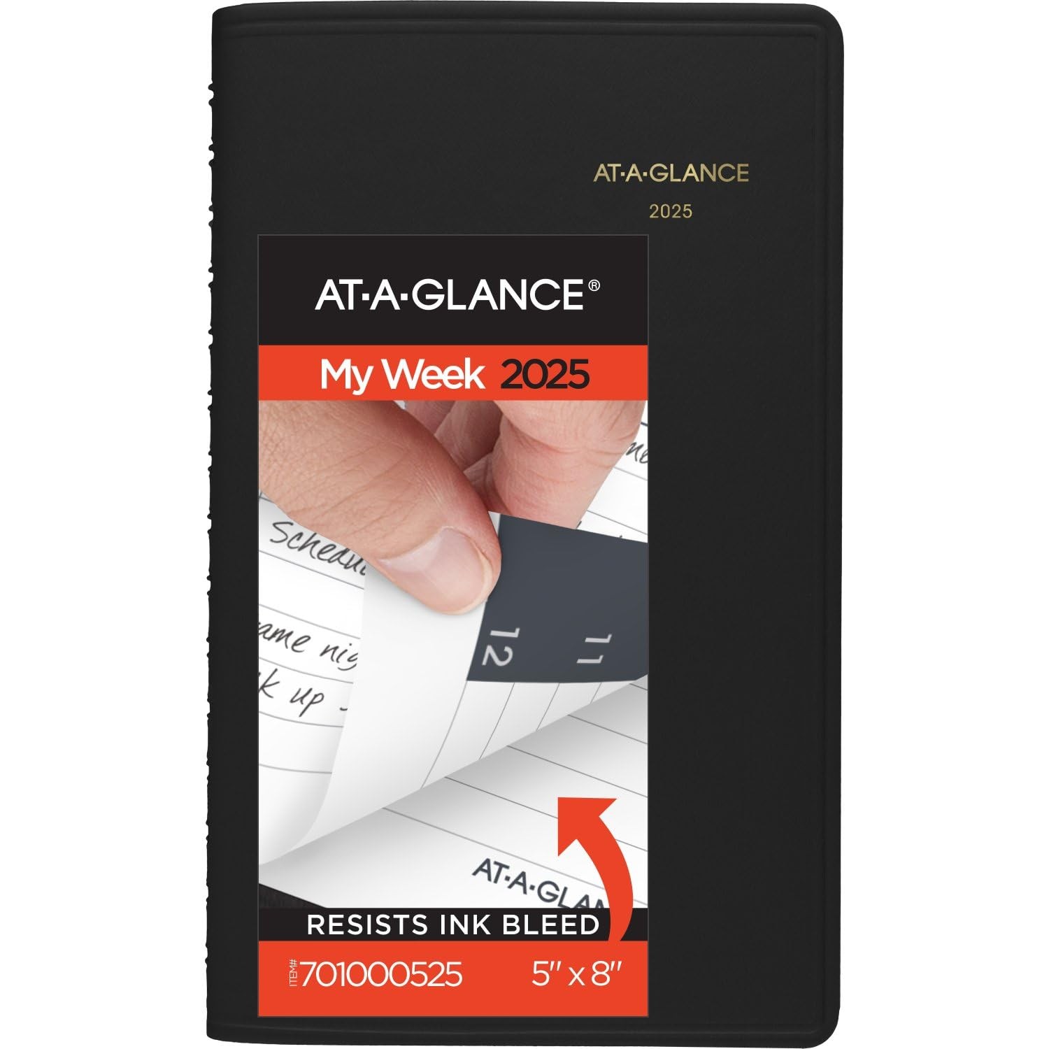 AT A GLANCE 2025 Weekly Planner Black 5×8 Faux Leather Ink Bleed Resistant