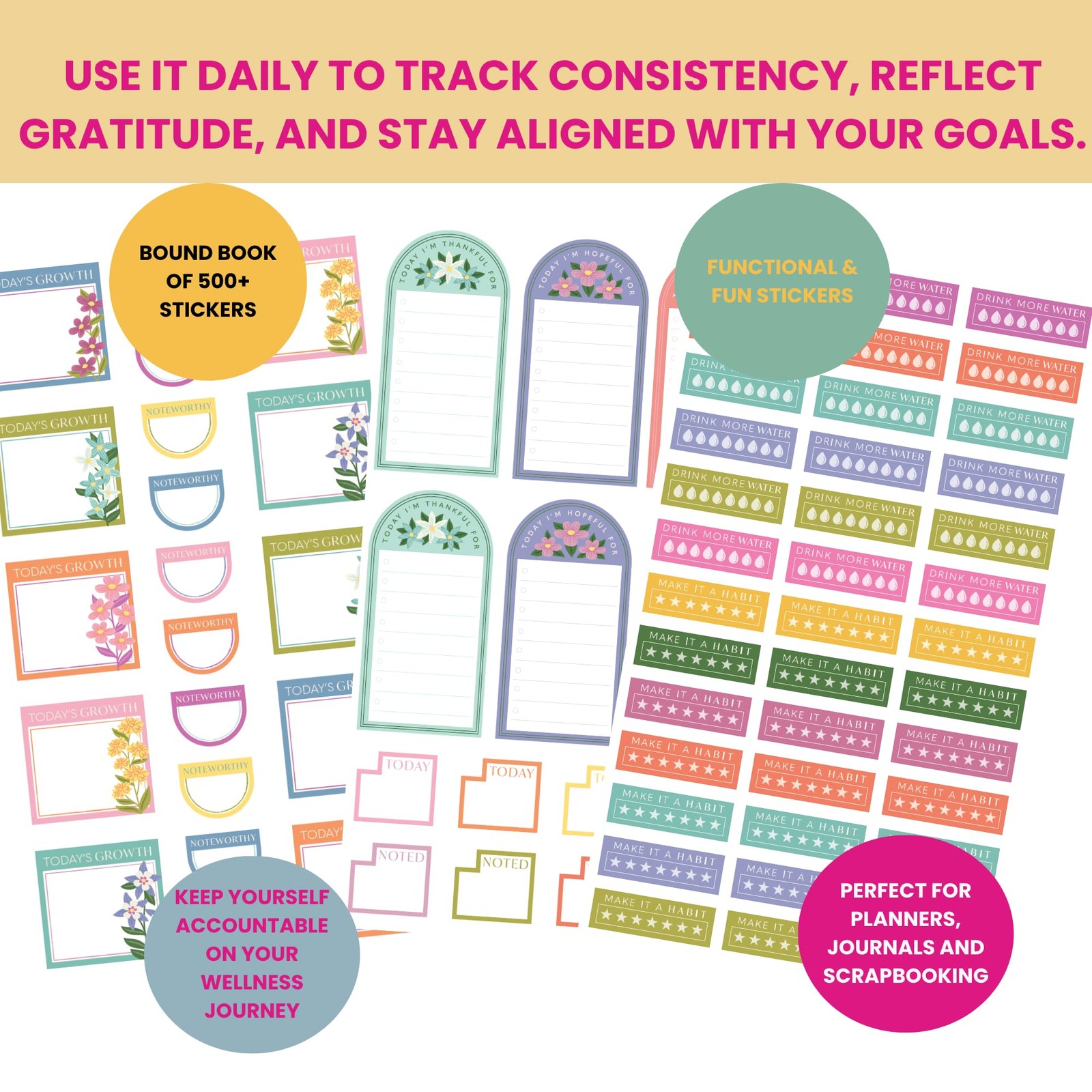 Wellness Sticker Book for Planners — 25 Sheets, 550+ Size: 9.5″ x 5.5″, Pink
