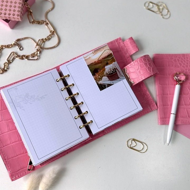 Owl Leather Mini Planner Set – Pocket Size A7 binder 6 rings– pink Croc Embossed