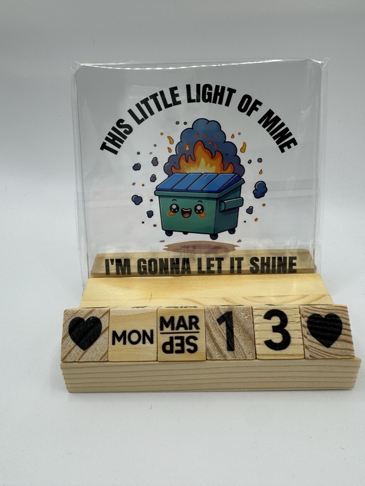 Dumpster Fire Desk Calendar Wood Block Perpetual Acrylic Funny Coworker Gift