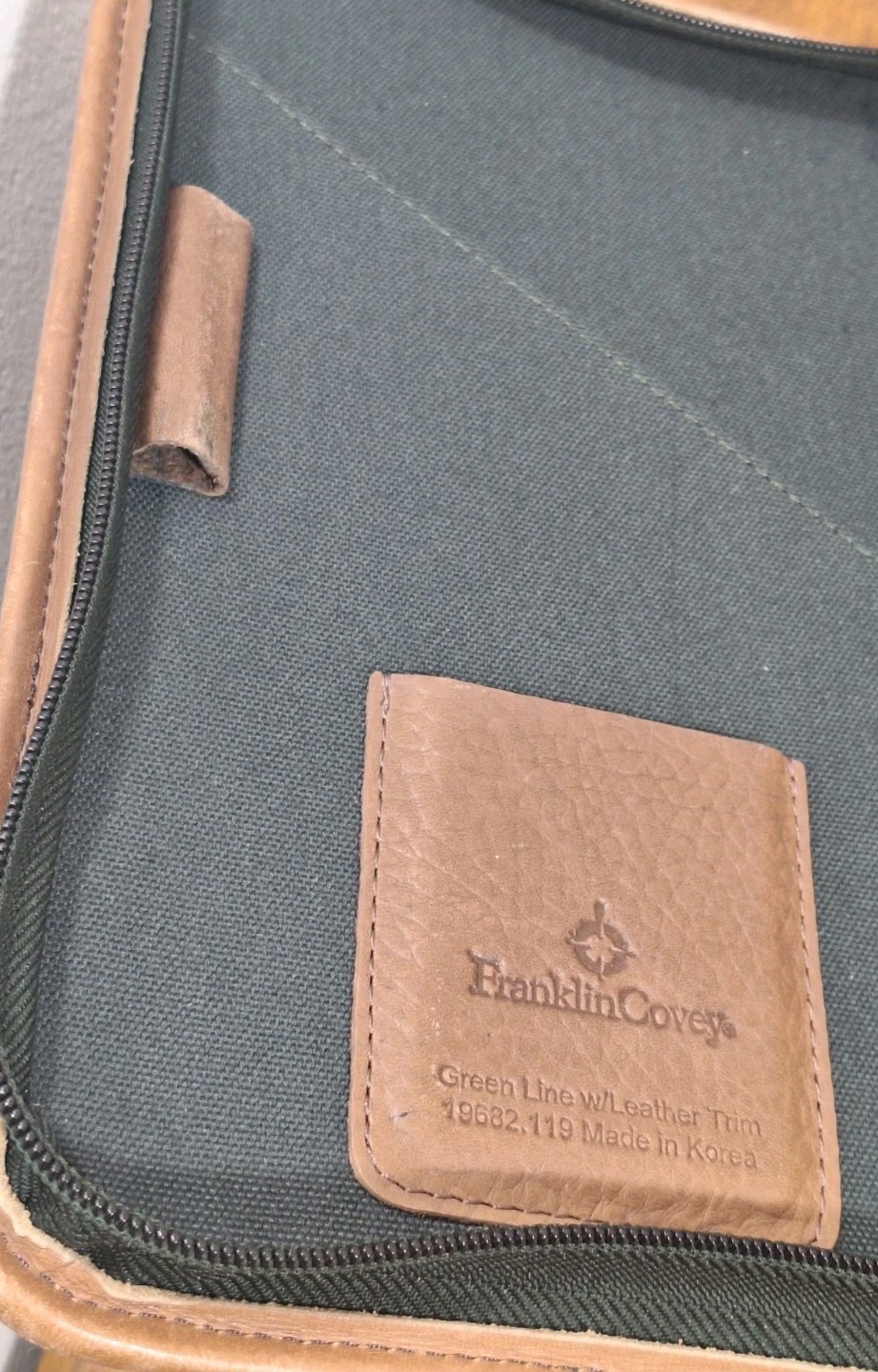 Vtg Franklin Covey Planner Dark Green Canvas Tan Leather Trim 8×10 Zip Closure