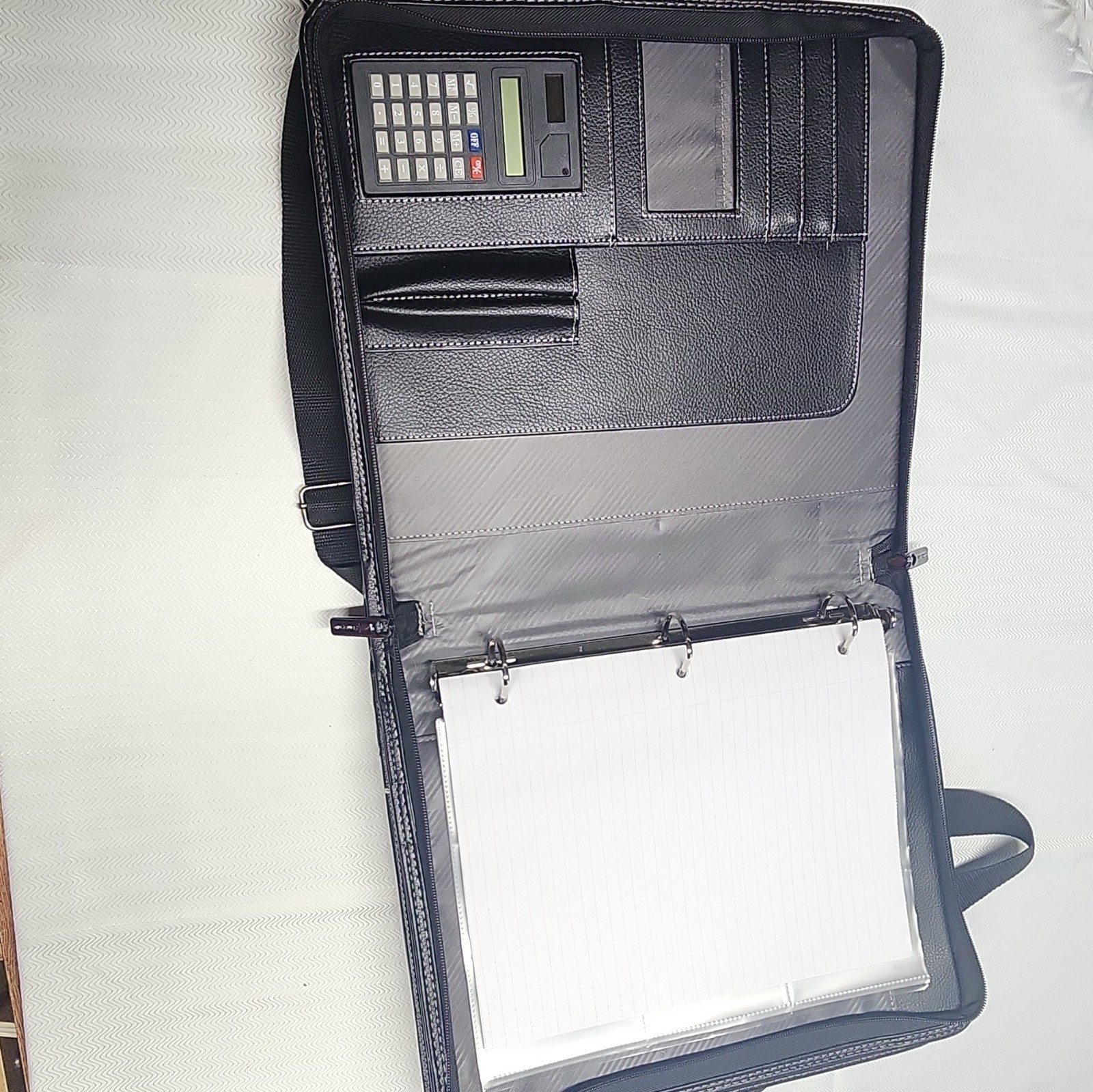 Samsonite Black Zip Portfolio Organizer w/ Strap, Handle, Calculator & Slots