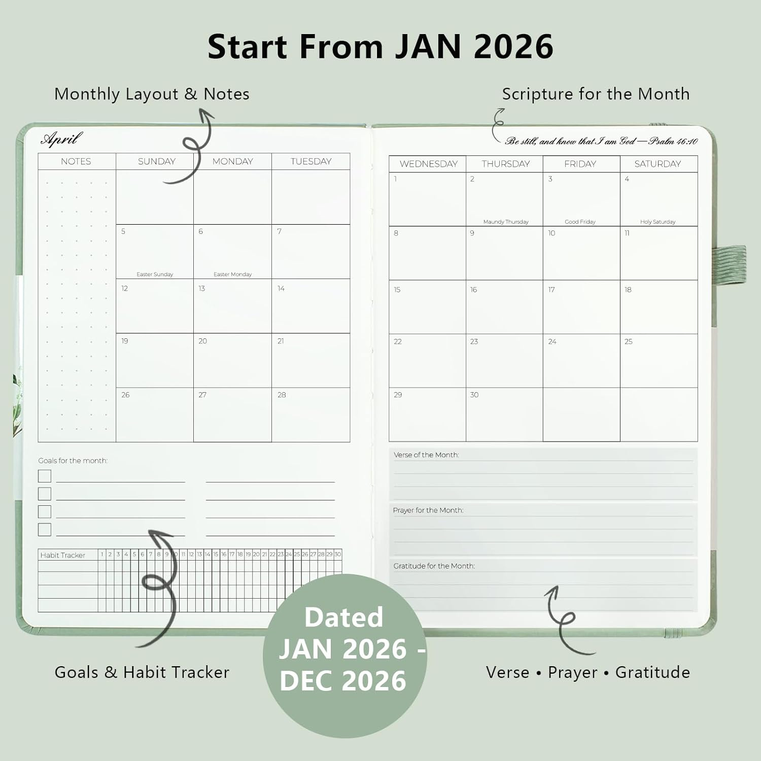 2026 Christian Planner for Women & Man – 5.7″X8.3″ 12-Month Hardcover Bible J…