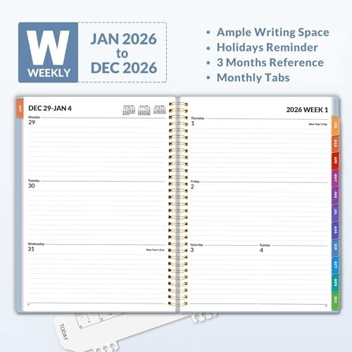 2026 Weekly & Monthly Planner – Daily Agenda, Flexible Cover, Tabs, Pockets, 8.5