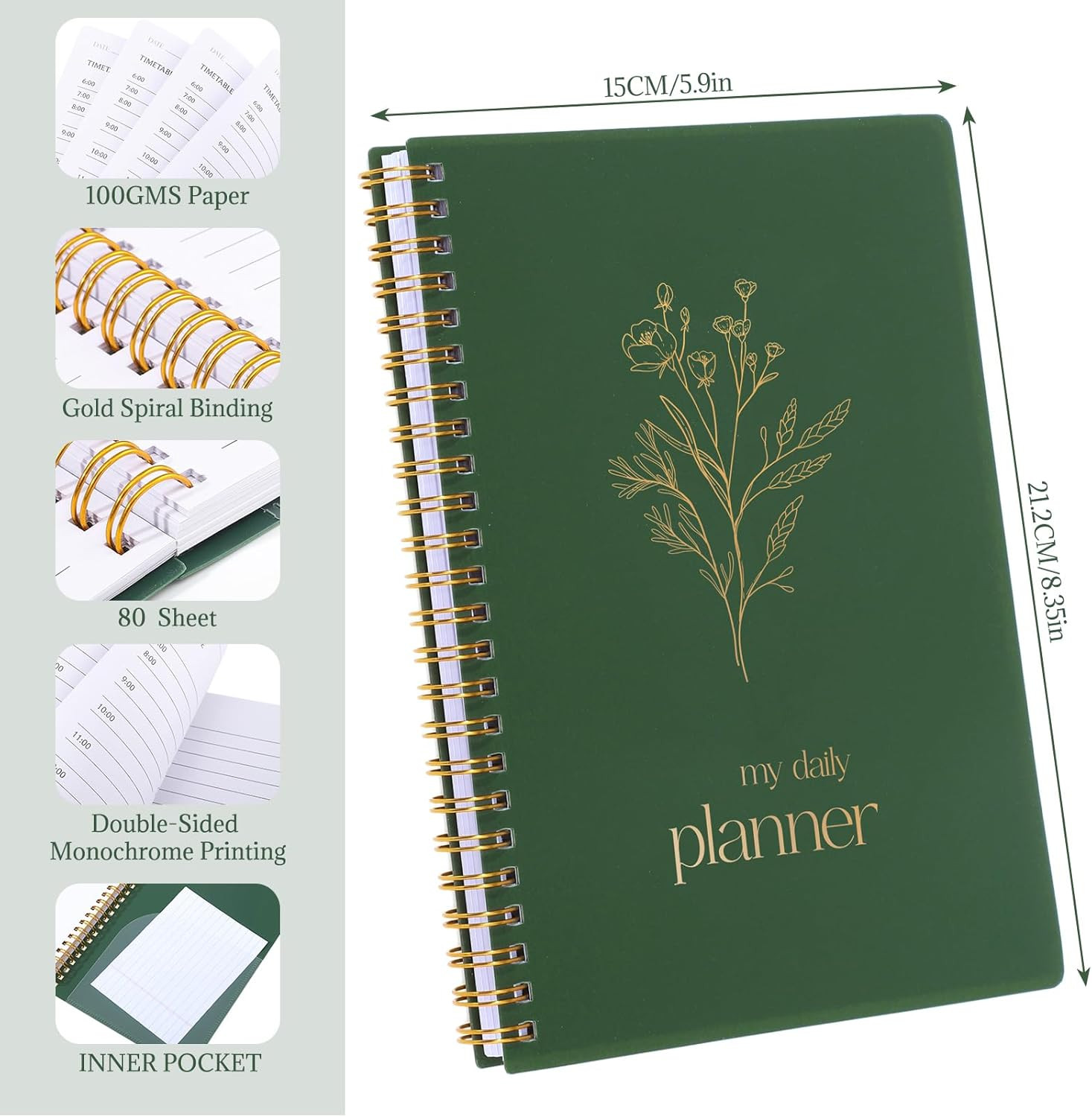 Undated Daily Planner with Hourly Schedule, 5.71″ X 8.35″ Daily to DO List Noteb