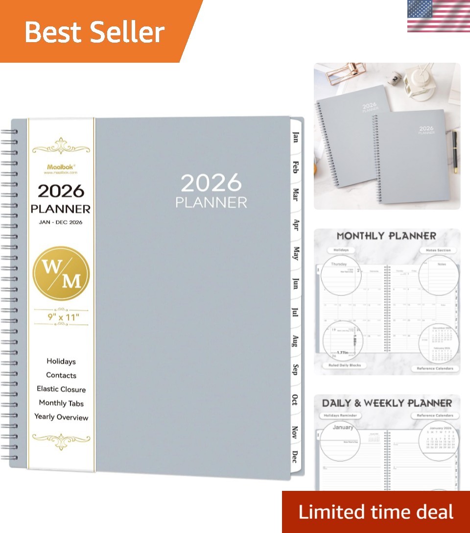 Spiral Bound 2026 Planner: 9″ x 11″ Monthly & Weekly Layout with Tabbed Sections