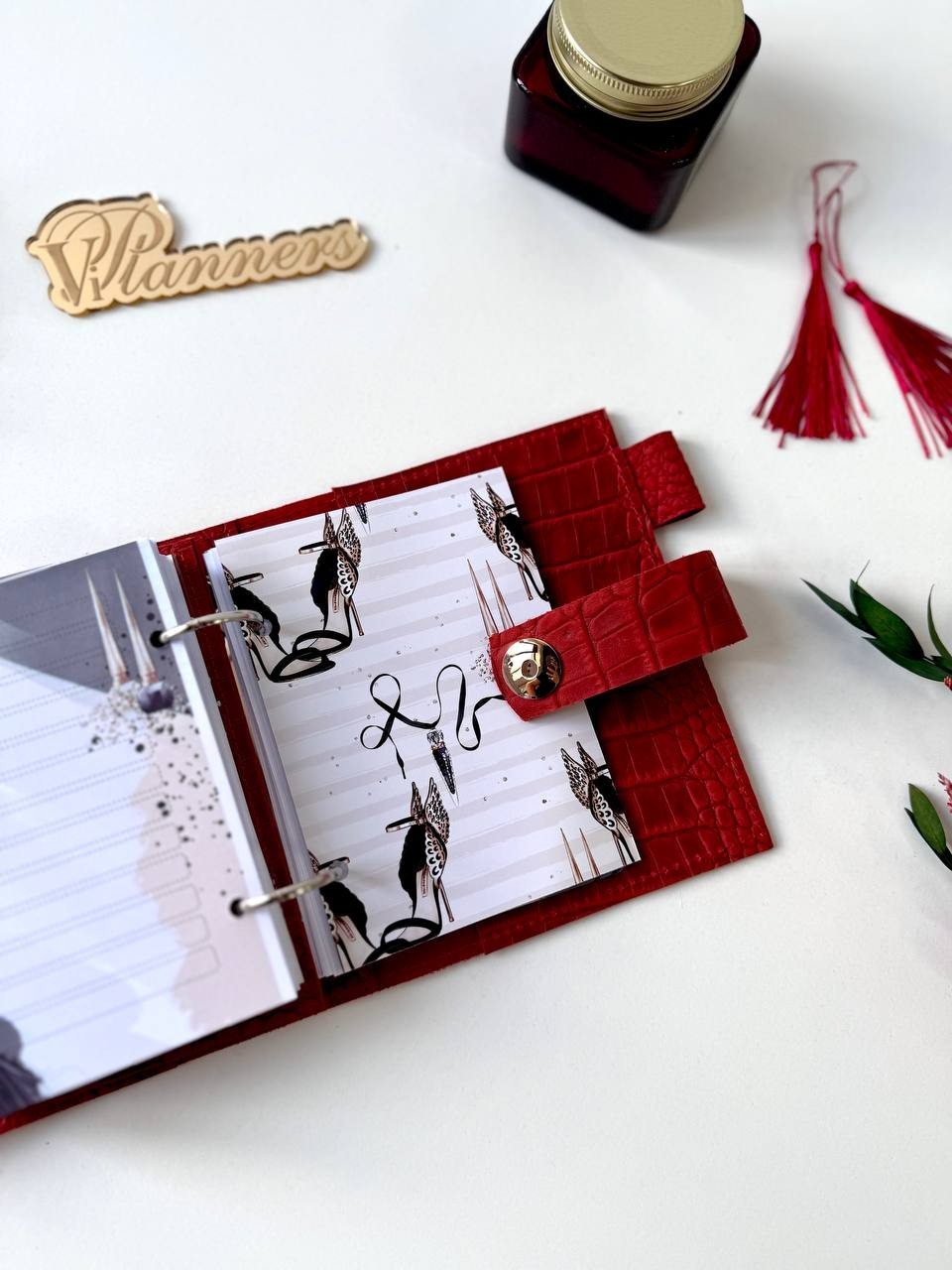 Mini red leather notebook-wallet cover A7 Big rings mini wallet. Mini Planner.