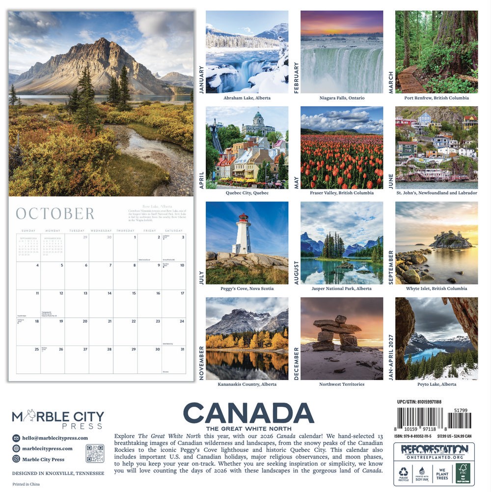 Canada Calendar 2026 | 12″ x 24″ 12 Month Calendar | Marble City Press