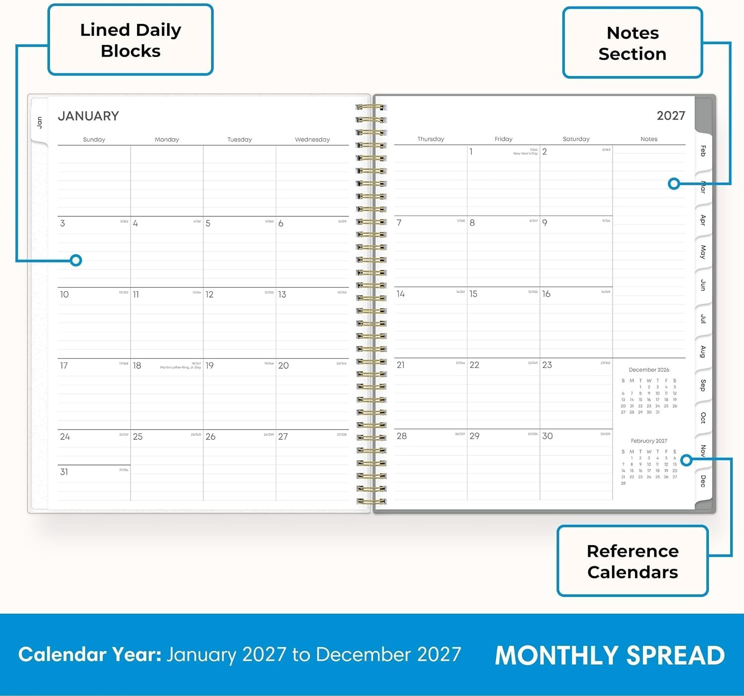 2027 Weekly and Monthly Planner Calendar, January 2027 – December