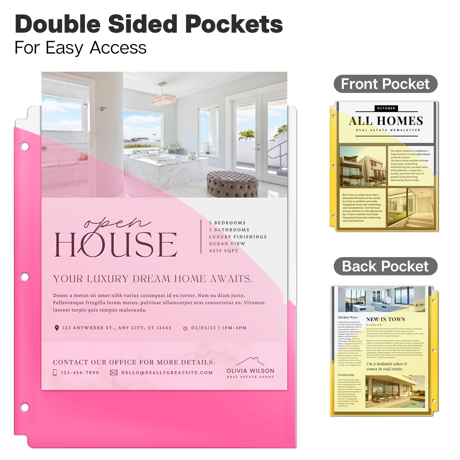 3 Ring Binder Pocket (1 Set, 5 Count) No Tab, Plastic Slash File Jackets for …