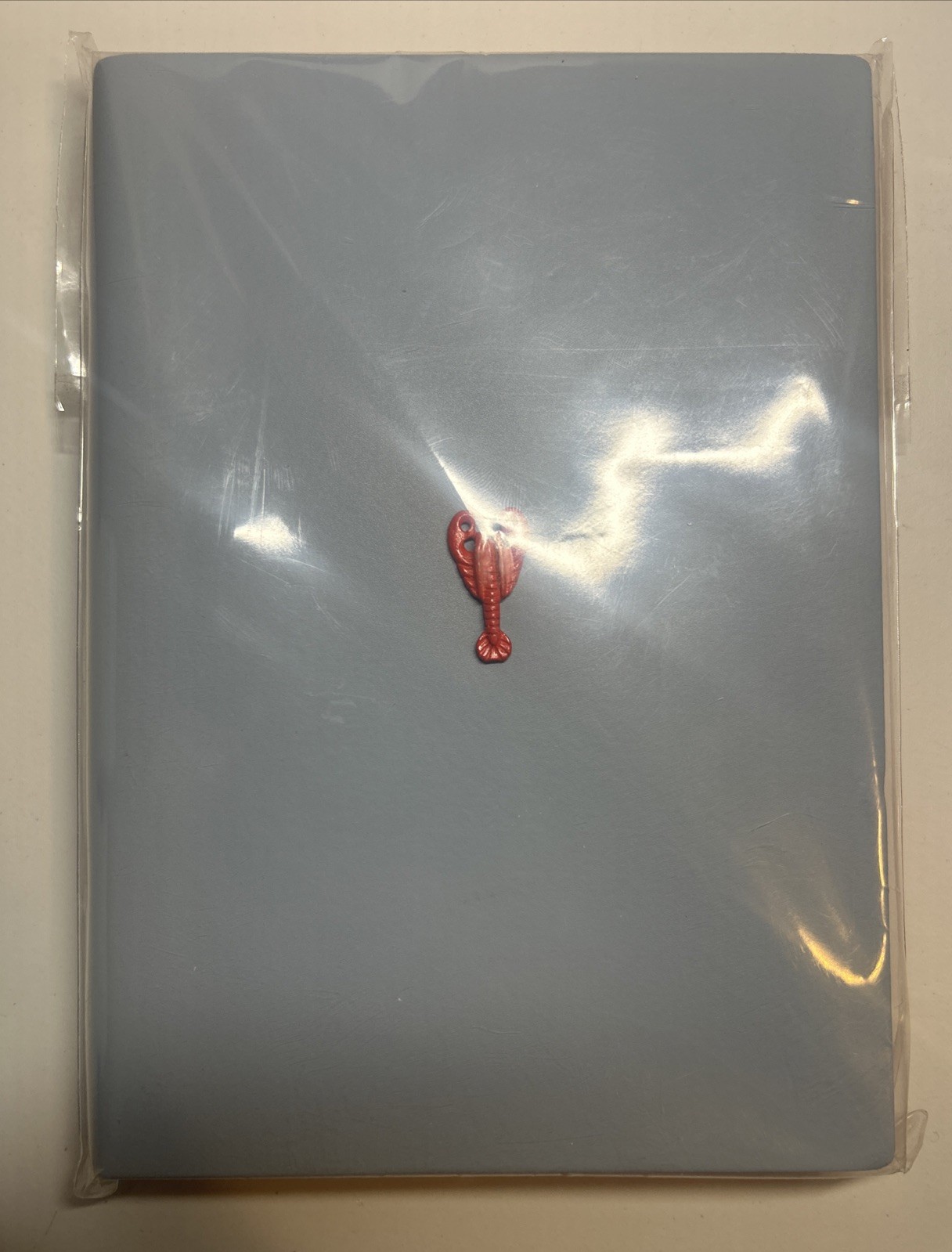 Blue Leather Square Journal, Embroidered Metal Red Lobster, Handmade In Italy