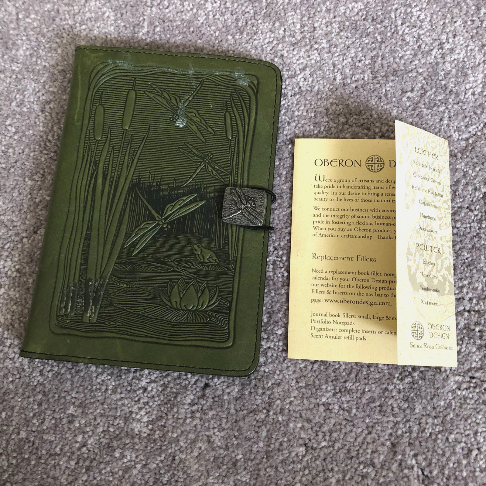 Oberon Design Green leather Dragonfly cat tails E reader cover Journal 8×5