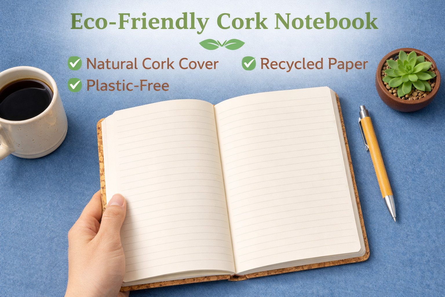 Eco Friendly Cork Notebook | Recycled Paper Journal | Plastic Free Stationery