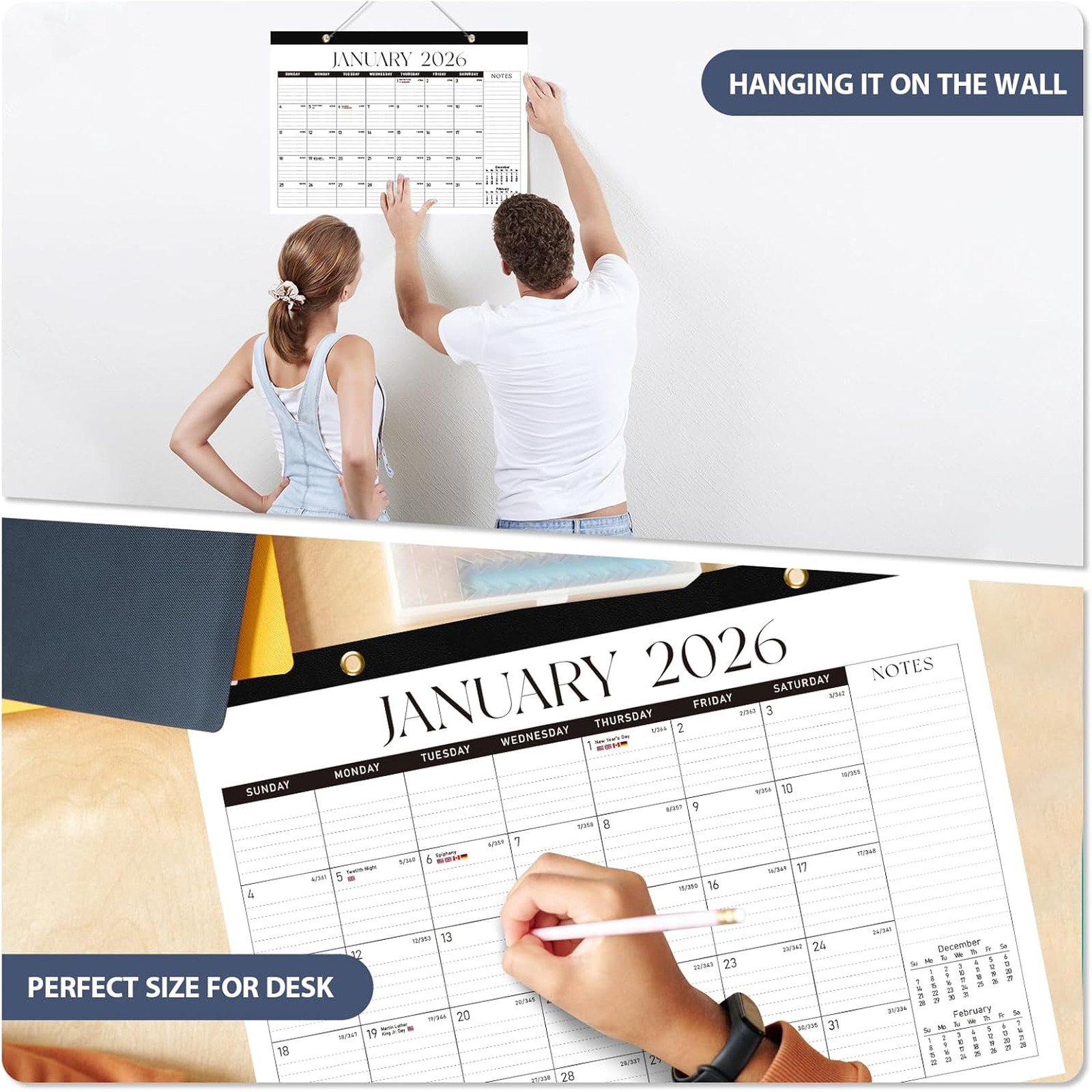 Desk Calendar 2026 Large Wooden Cover 17 x 12 Inches Monthly Wall Office School
