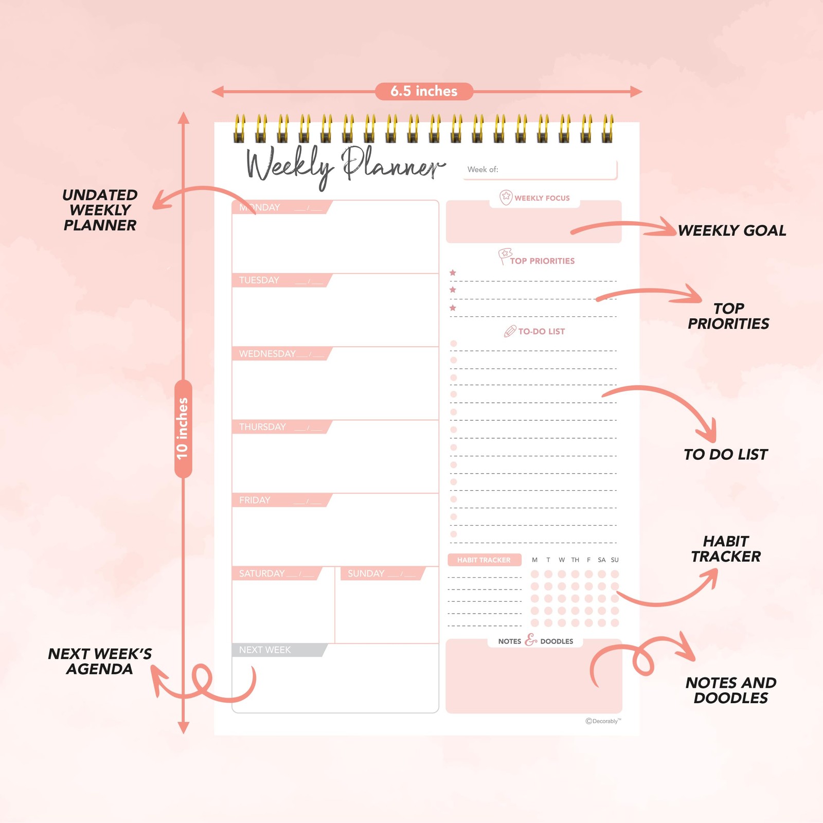 Decorably 52 Sheets Nude Pink Undated Weekly Planner Notepad, 6.5X10in