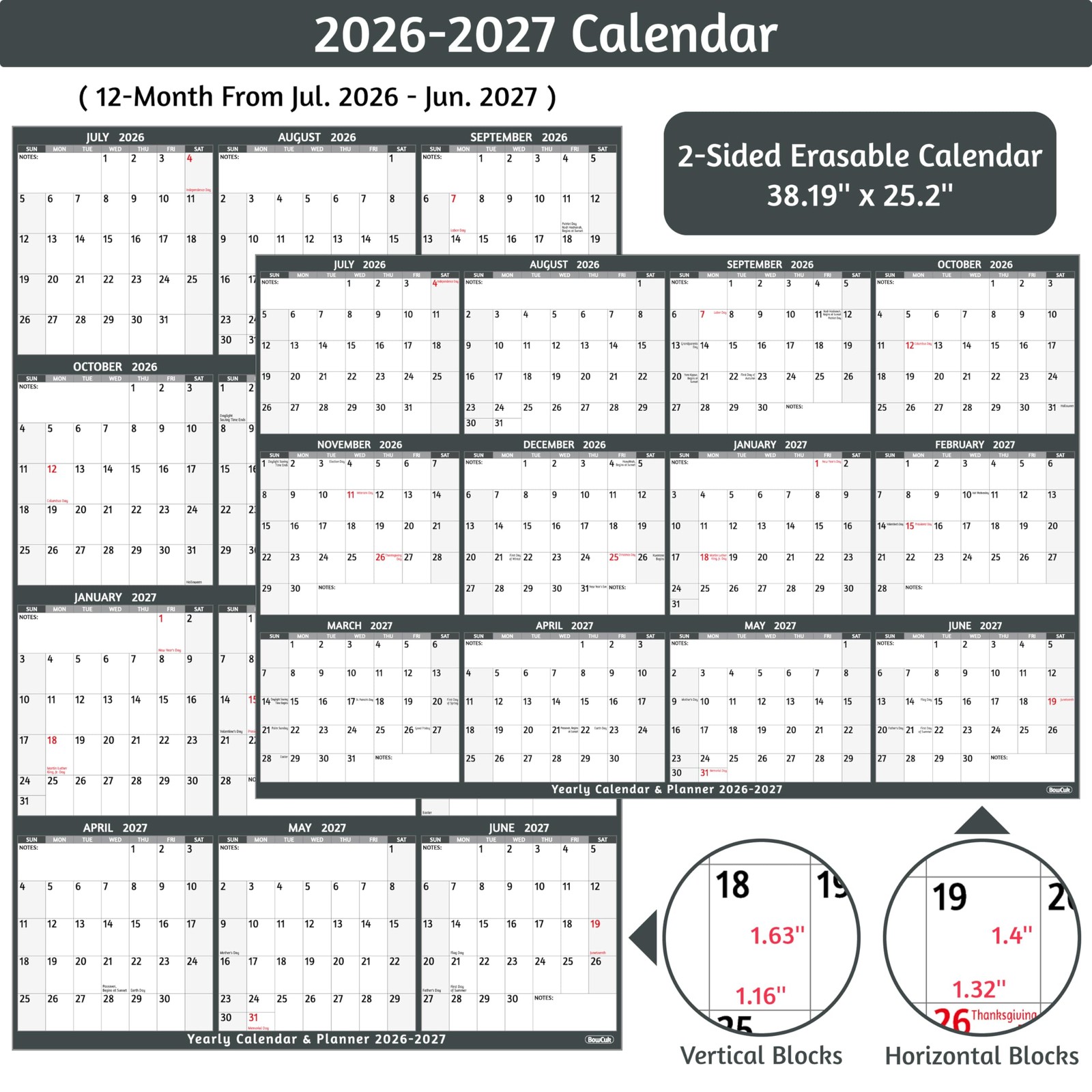 Dry Erase Calendar 2026-2027 – Large Yearly Wall calendar, 38.2” x 25.2”,…