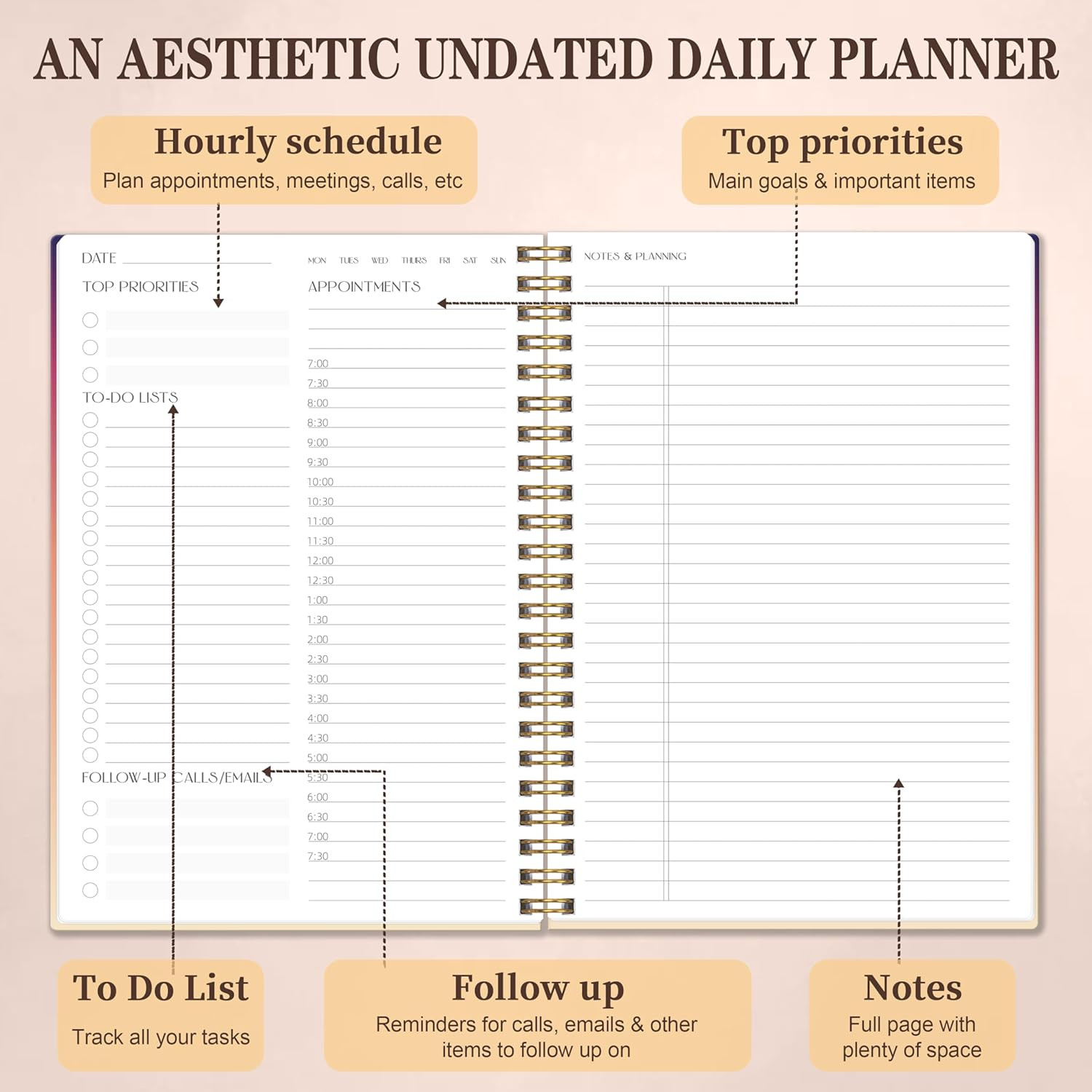 Cute Daily Planner Undated & To Do List Notebook for Work: With Hourly Schedule,