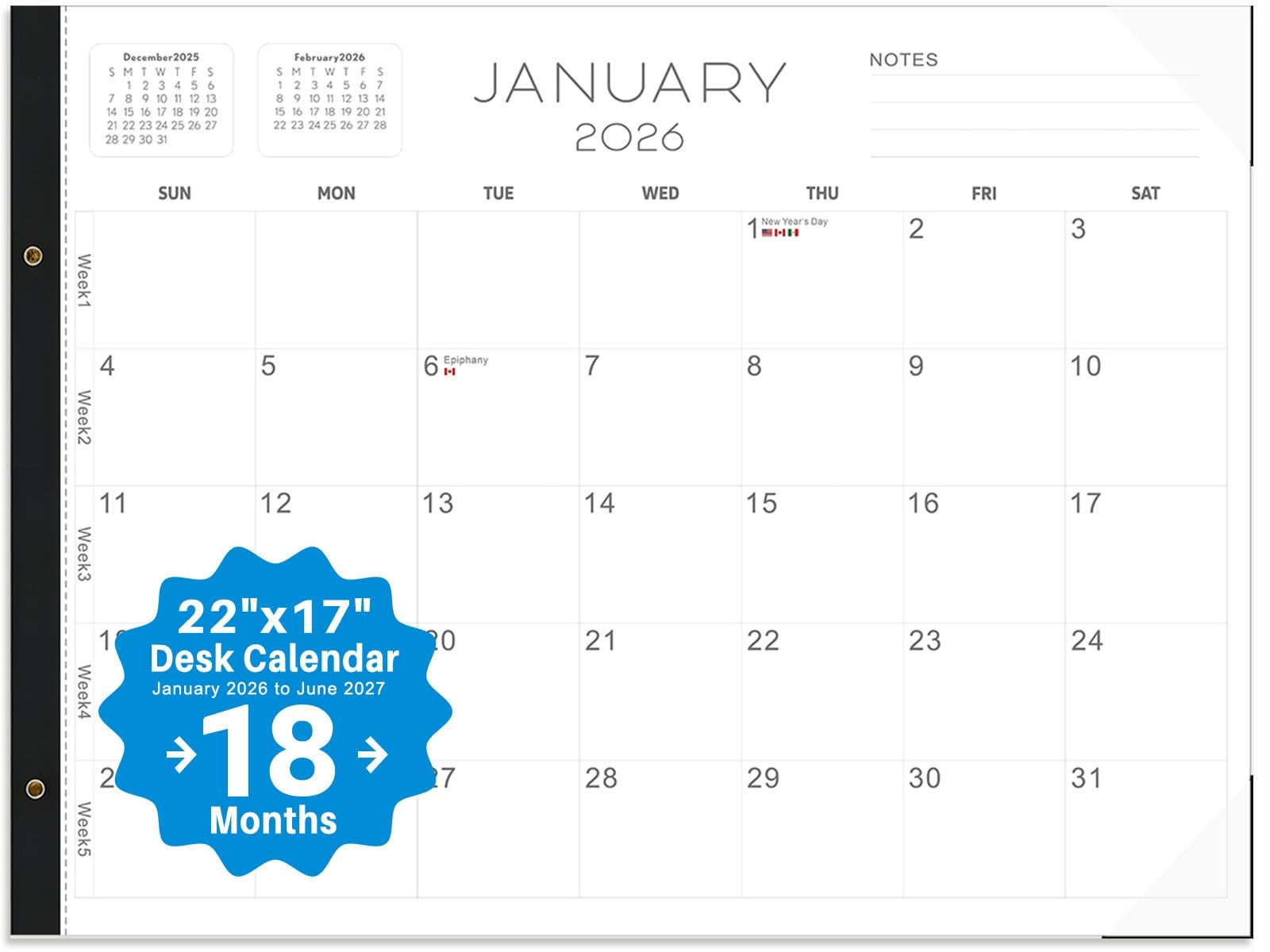 2026 Desk Calendar Large 22×17 22″W x 17″H, C22-concise(Jan 2026 – June 2027)