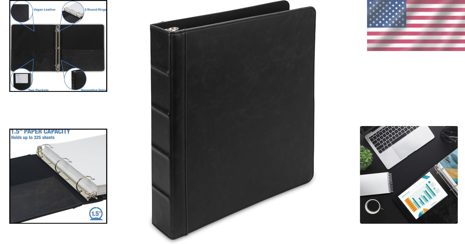 Professional Faux Leather Binder, 3-Ring Organizer, Black, Letter Size 8.5×11
