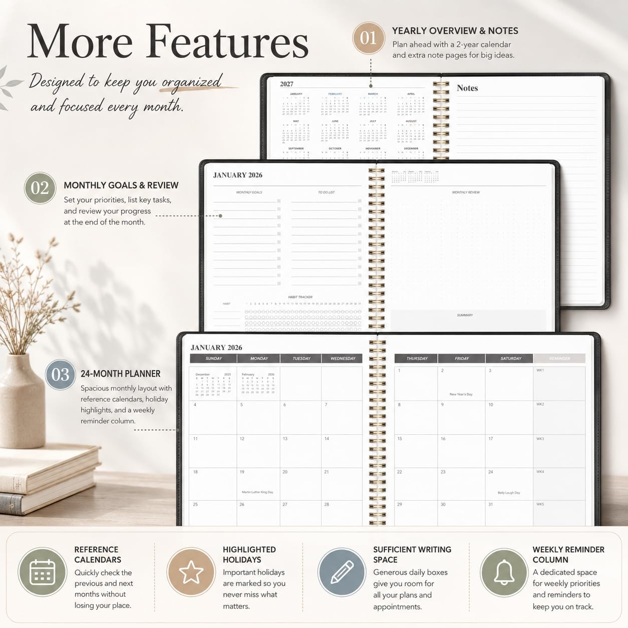 KMQOY Monthly Planner 2026-2027, 2026 Calendar 24 Months Planner, Jan Black