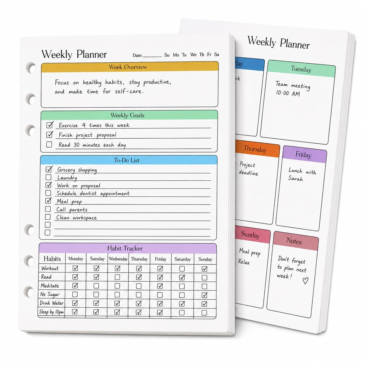 A5 Weekly Planner Inserts, Undated 6-Hole Planner Refill Pages with To-Do Lis…