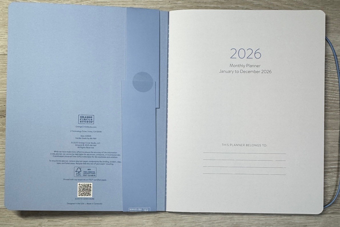 2026 Monthly 12-Month Planner ORANGE CIRCLE STUDIO Glowers Snails 9.5” X 7.5”