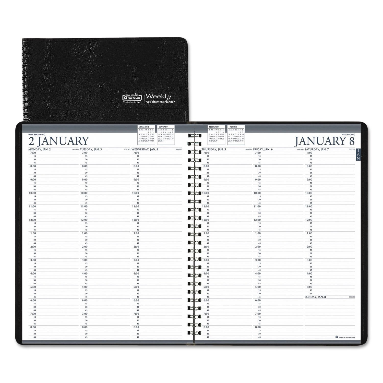 Doolittle 27202 Recycled Professional Weekly Planner, 15-Min Black