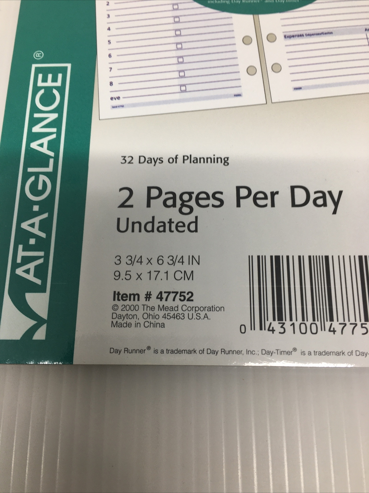 At-A-Glance #47752 2 Pages Per Day Refills 3 3/4 x 6 3/4, fits 6 ring 32 per pk