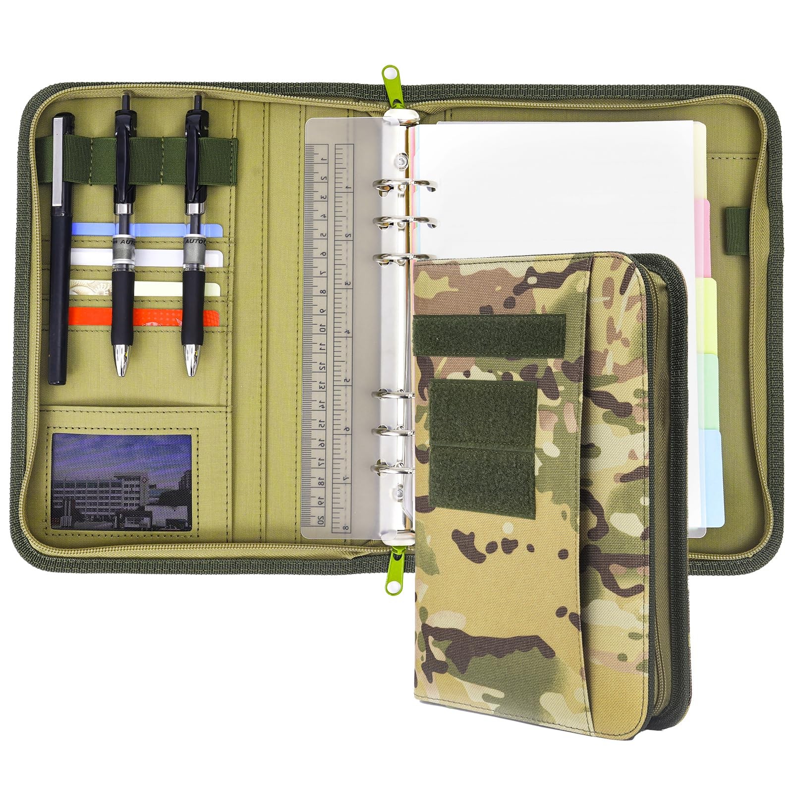 Army Military Padfolio Ring Binder with Zippered Portfolio A5(Multi), Camo