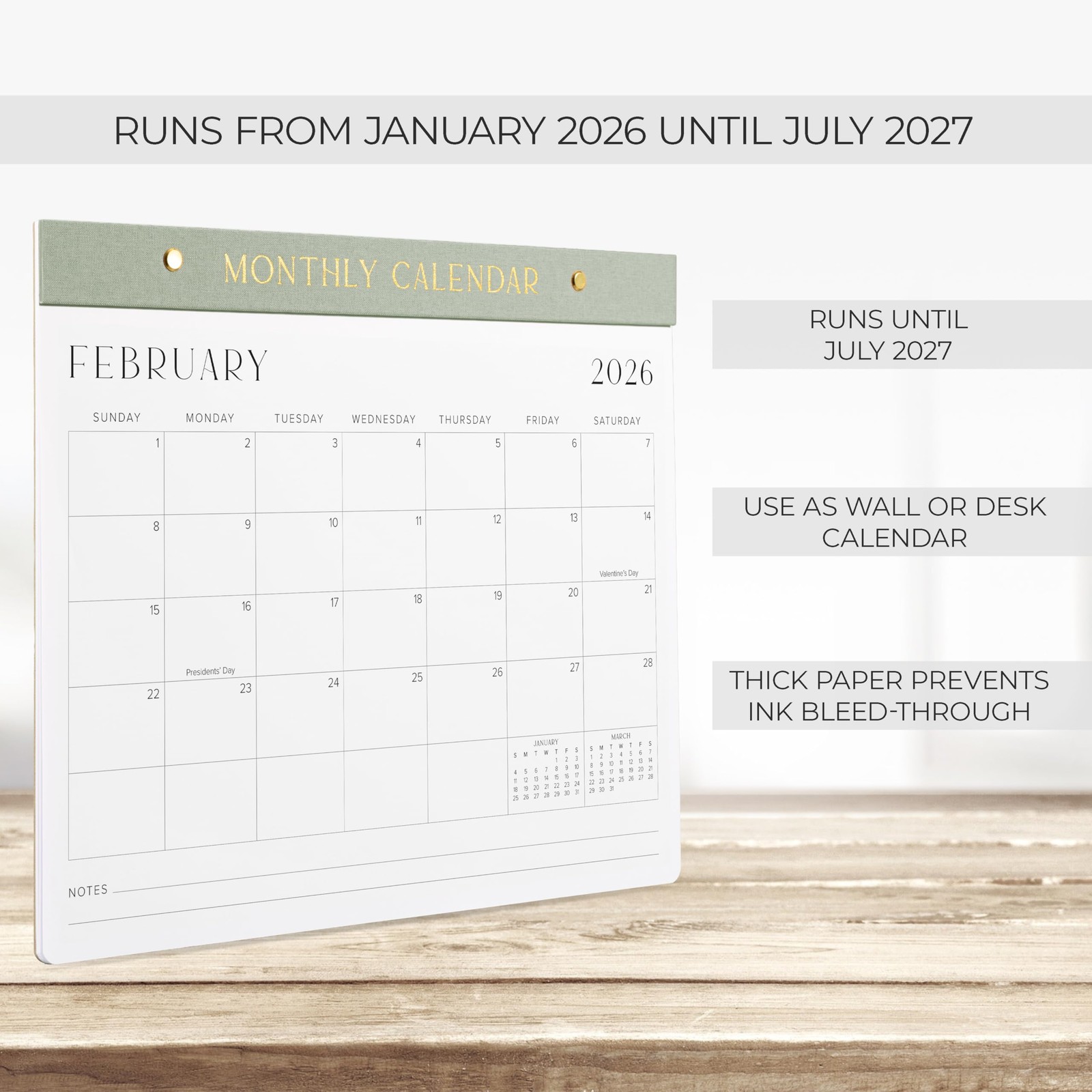 Sage 2026-2027 Desk Calendar January 2026 to July 2027