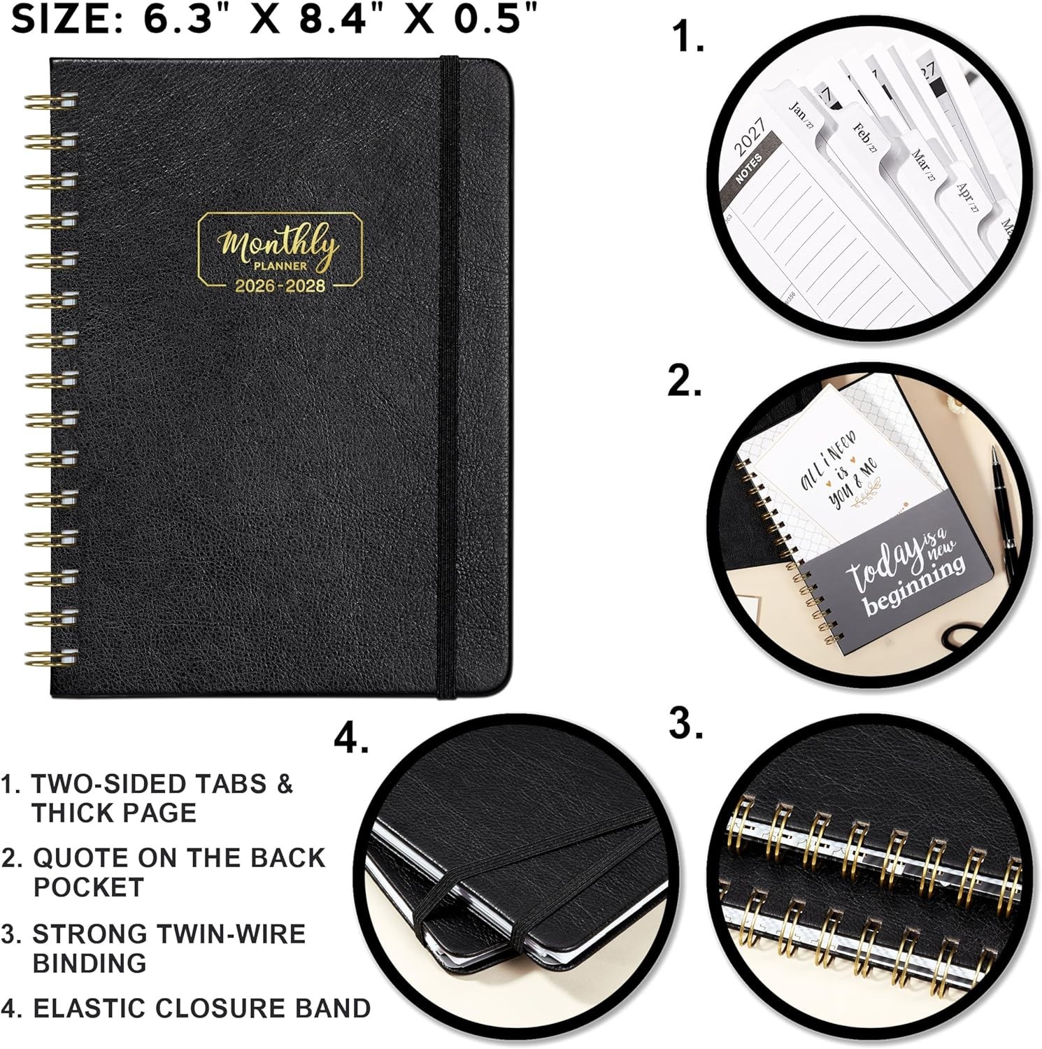 2025 2027 Monthly Planner Black Yearly Overview Thick Paper 6.4×8.5 Inches