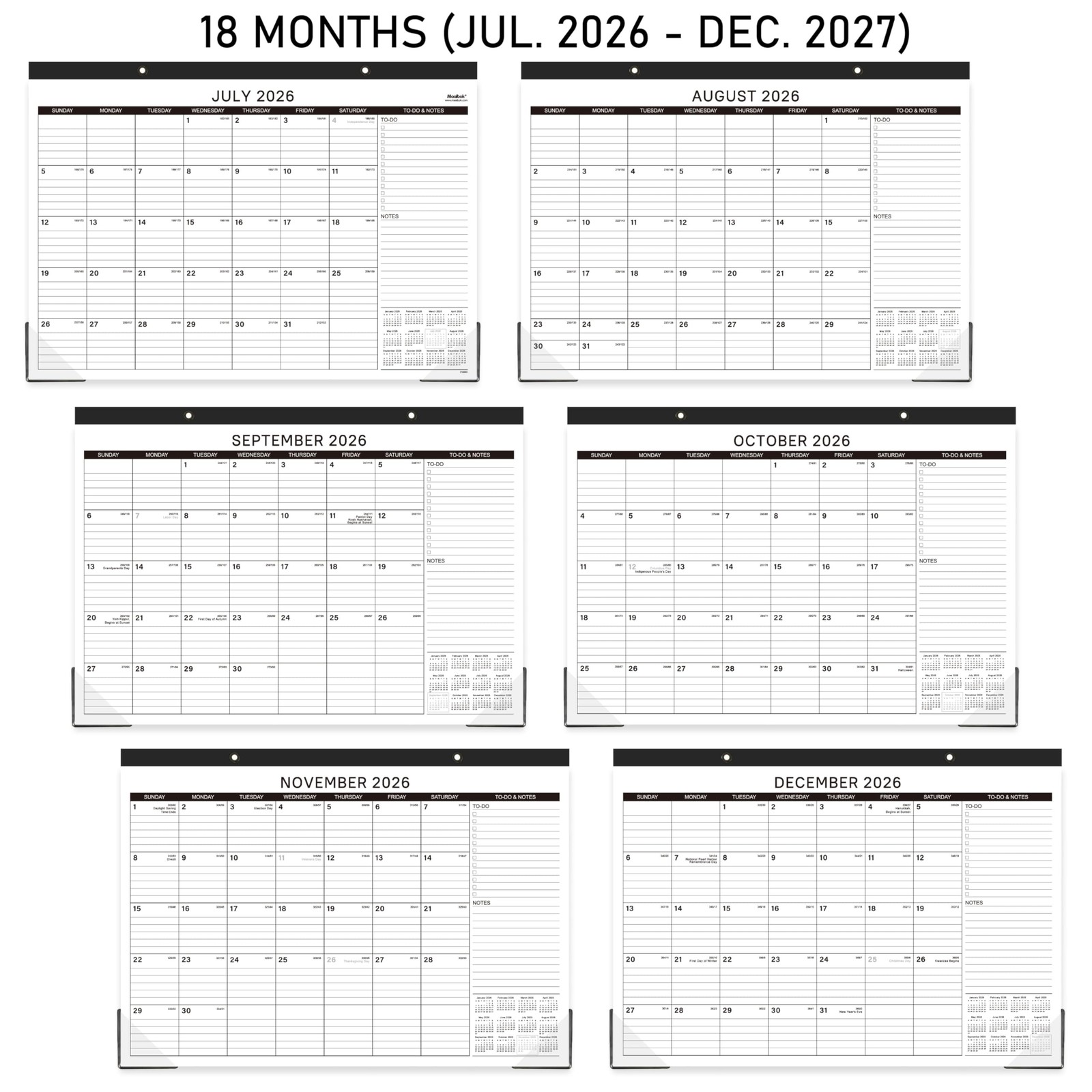 Desk Calendar 2026-2027 – 18 Months Wall 2026-2027, 17″ x 12″, black