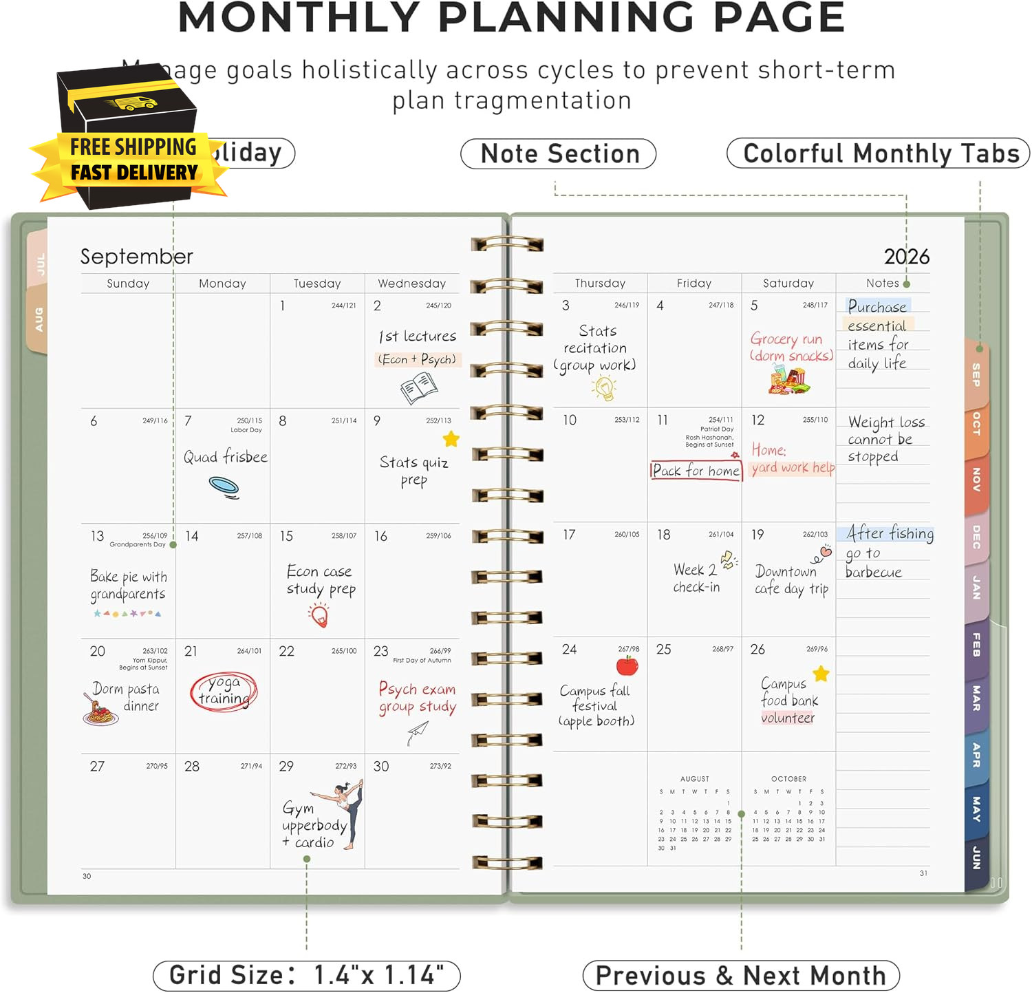 Academic Planner 2026-2027, Weekly and Monthly, July 2026 – June 2027, Medium Si