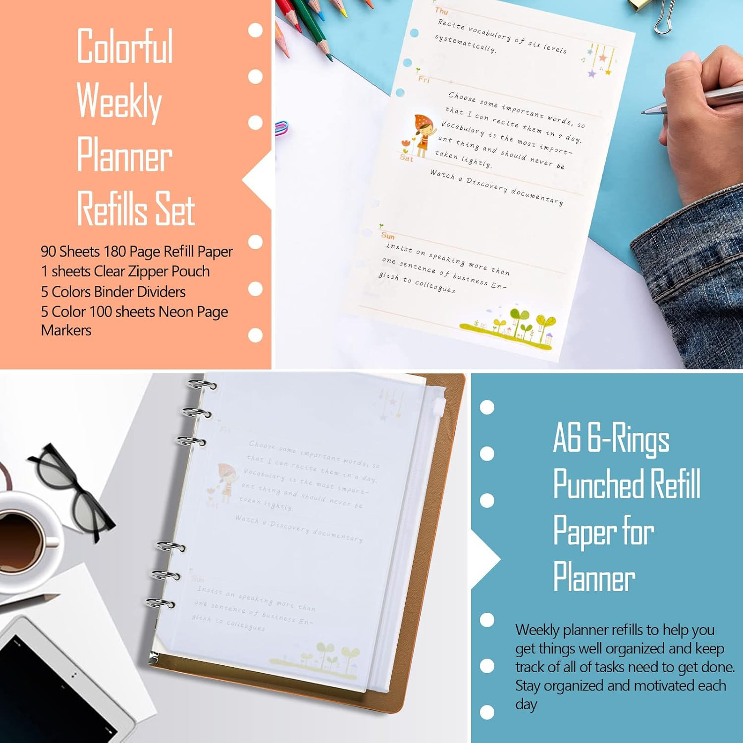 A6 Planner Inserts Weekly Planner Refills, 90 Pages Colorful 6-Ring Loose-leaf P