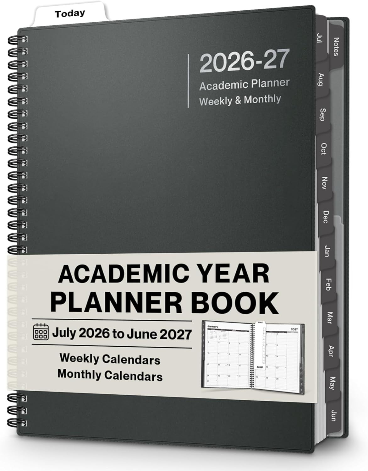 Planner 2026-2027 8.5×11 Weekly & Monthly Calendar Charcoal Gray Spiral Bound