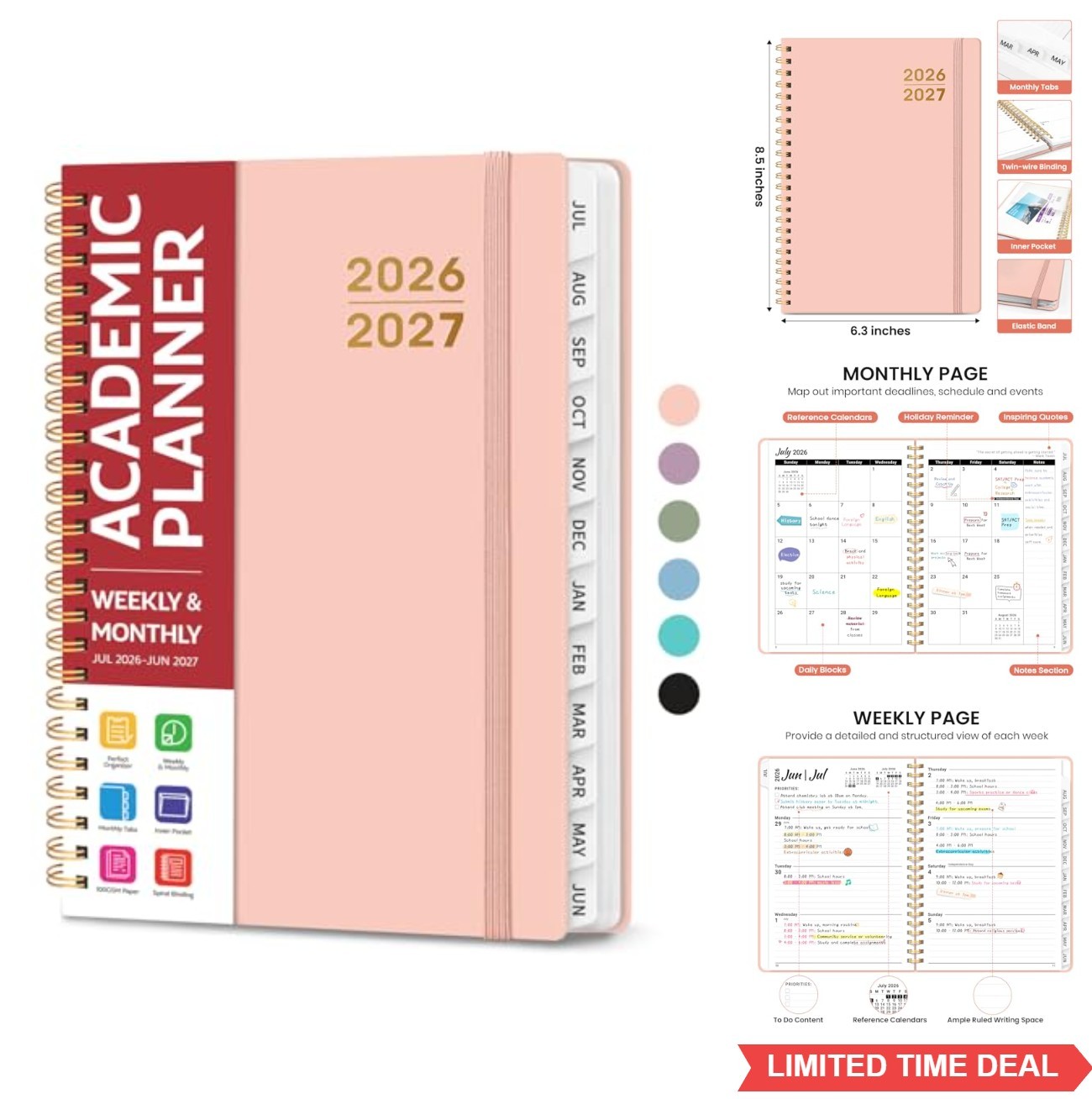 Academic Planner 2026 2027 A5 6.3 x 8.5 Inches Monthly Weekly Calendar Spiral