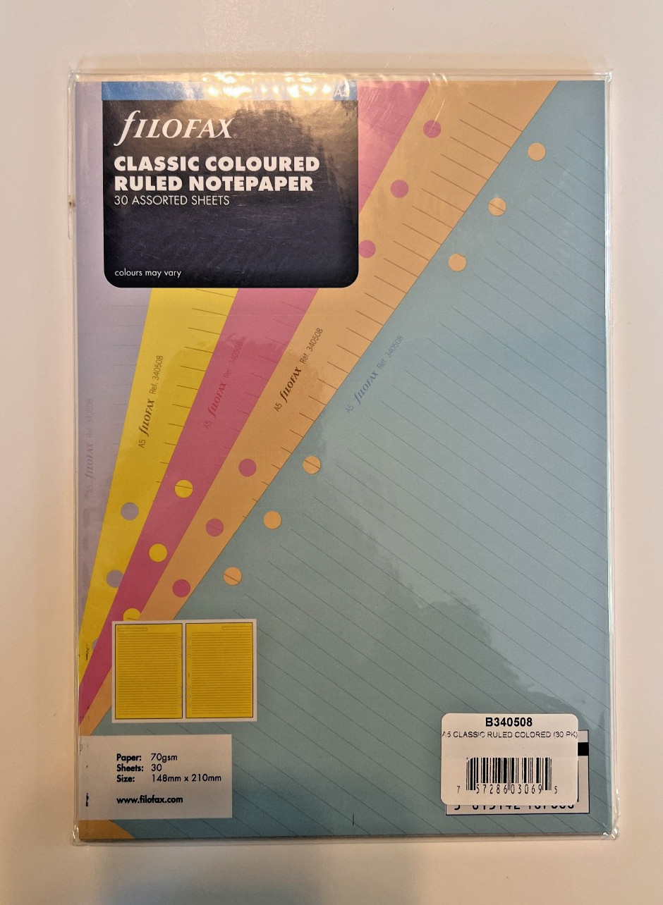 Filofax A5 paper lot White ruled lined, coloured ruled lined, and various