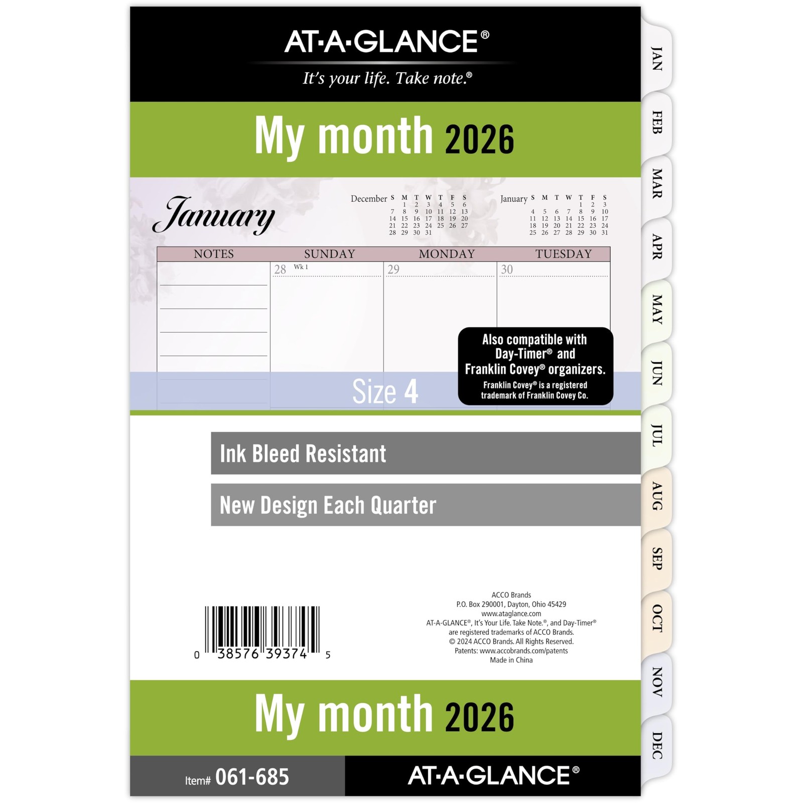 2026 Planner Refill, Monthly, 5-1/2″ x 8-1/2″, Desk Size 4, Loose-Leaf, Unrul…