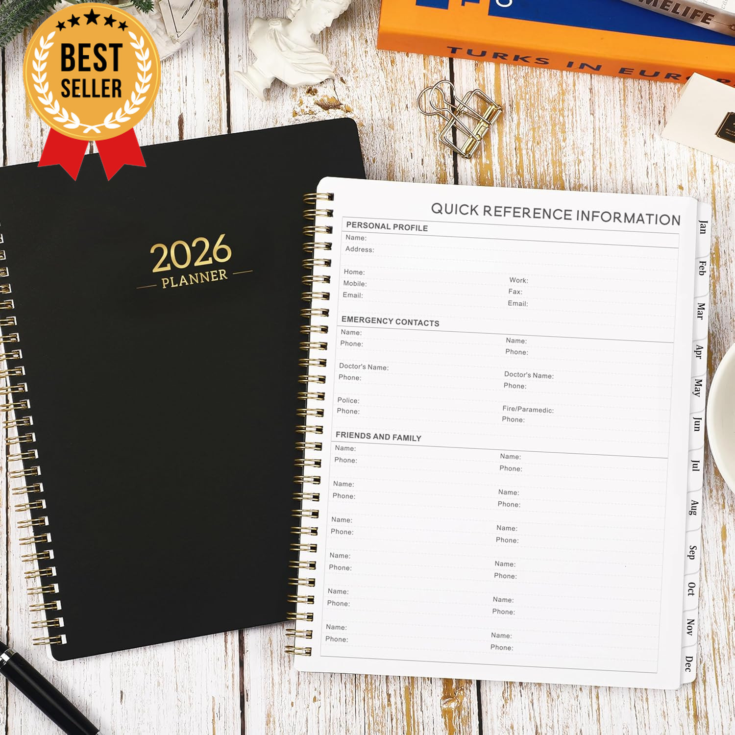 2026 Planner Calendar 8×10 Weekly Monthly Tabs Twin-Wire Binding Black Cover